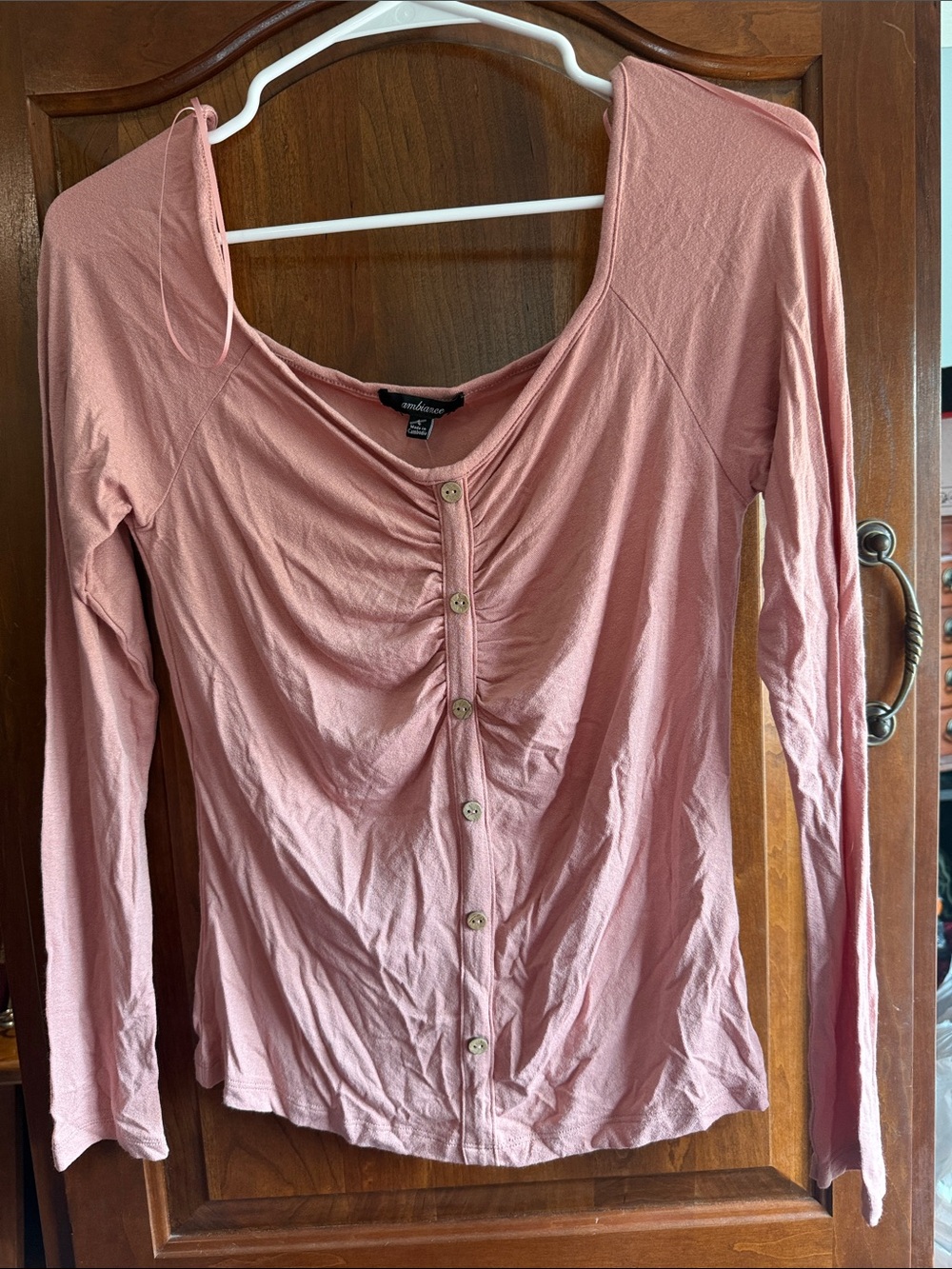 Ambiance Dusty Rose Button-Front Ruched Long Sleeve Top